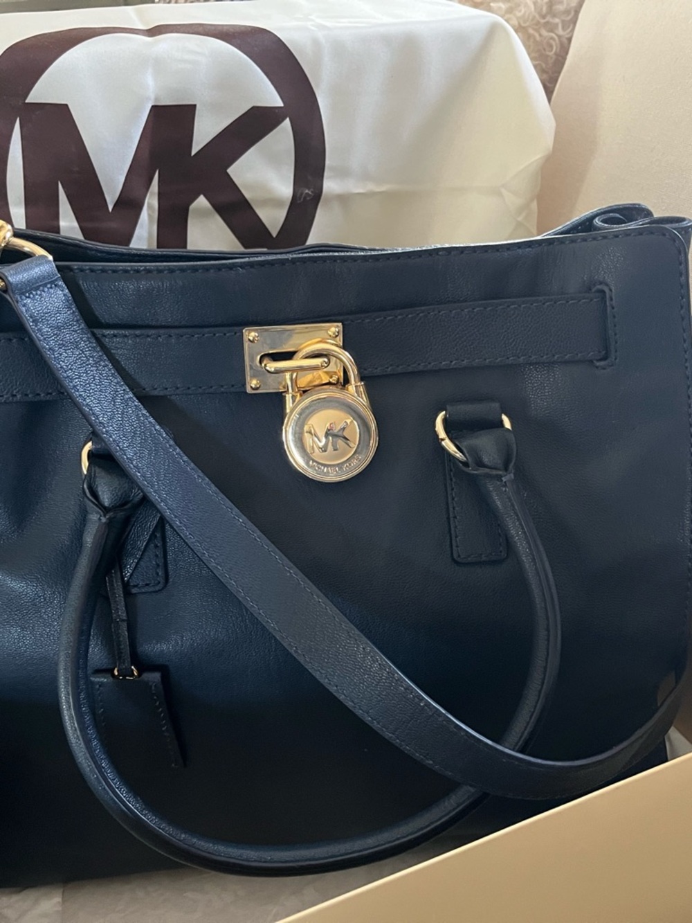Michael Kors Navy Leather Tote with Gold Padlock Charm